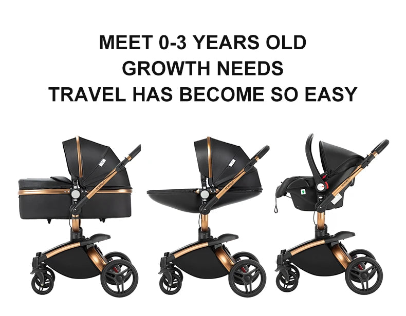 three different views of a baby stroller