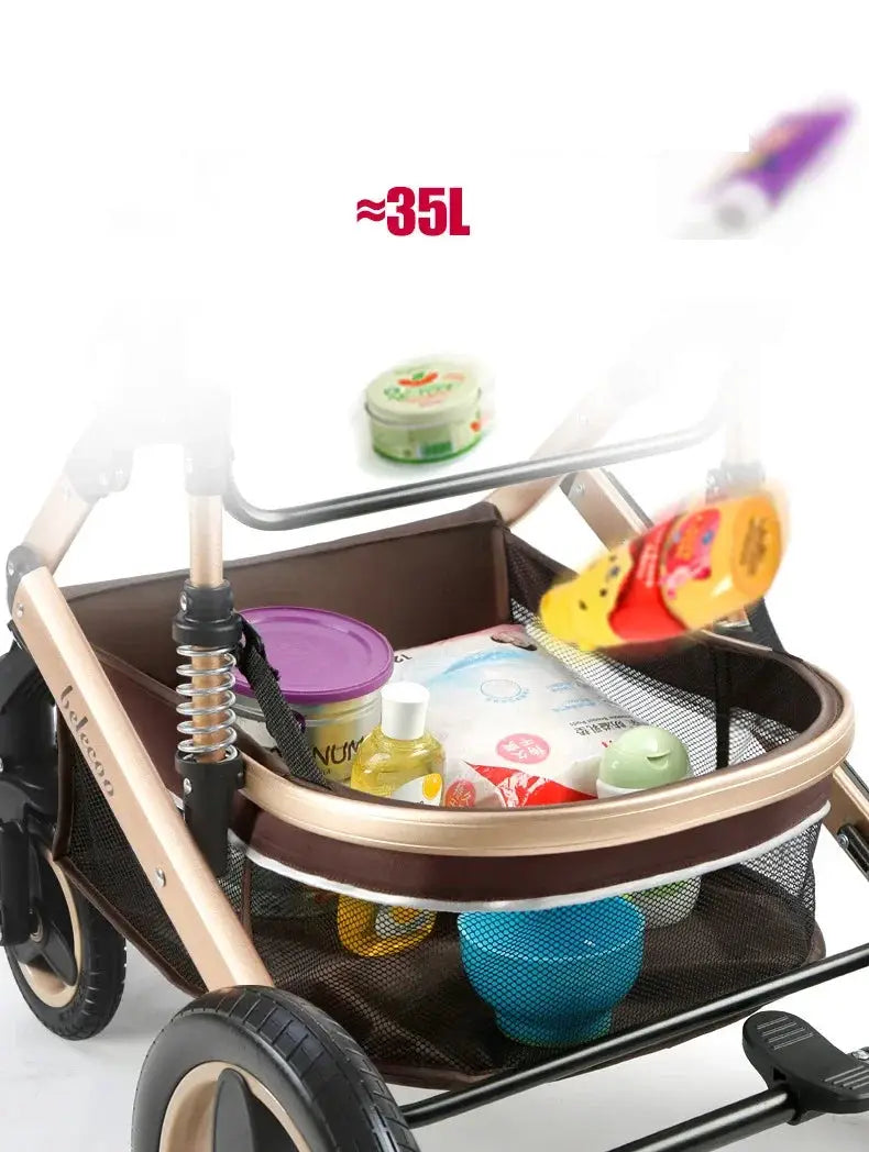 a baby stroller with various items in it