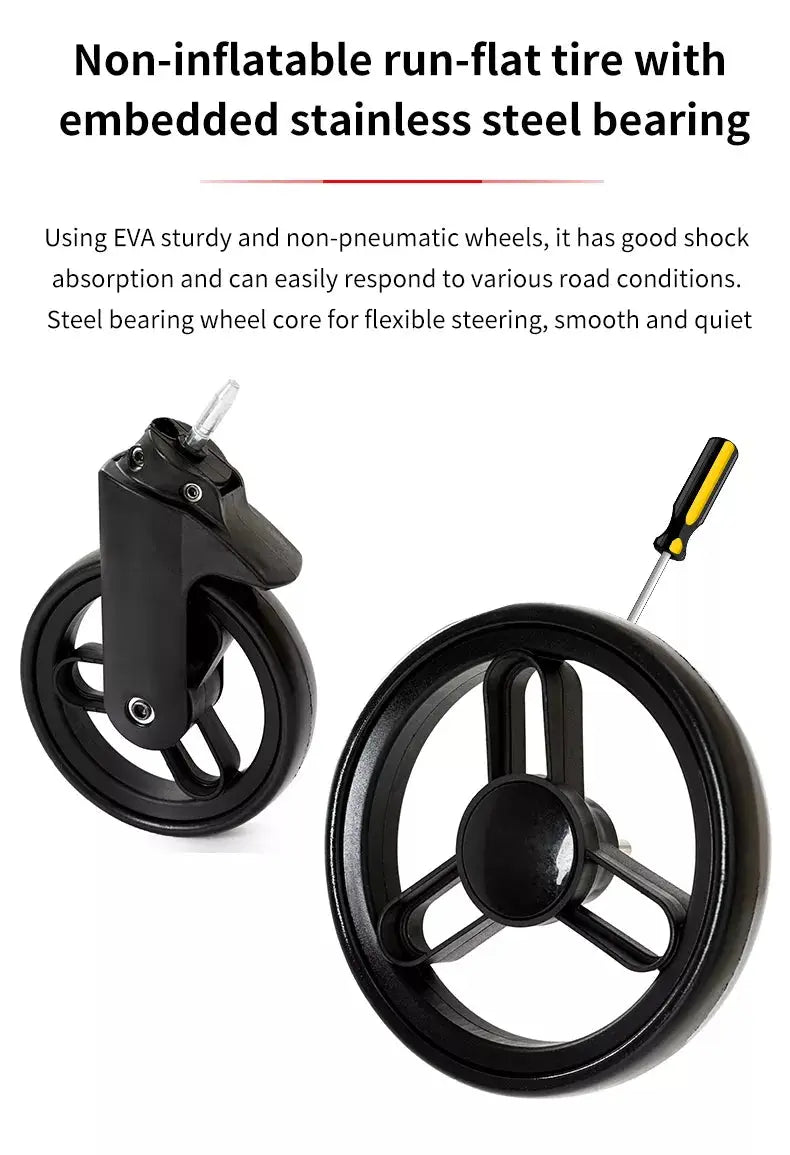 a pair of black wheels with a yellow handle