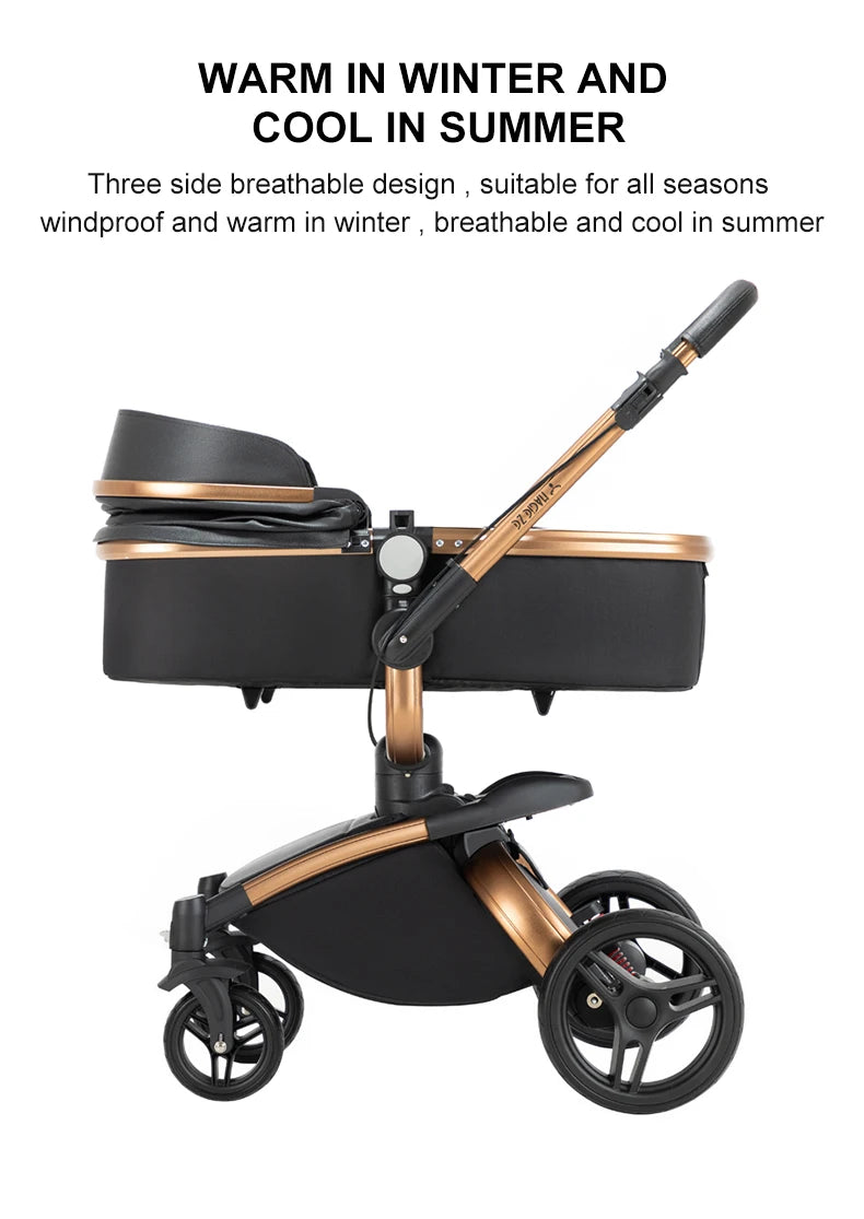 a black and gold stroller with the words warm in winter and cool in summer