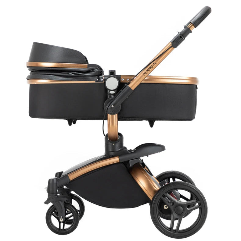 a black and gold stroller with the words warm in winter and cool in summer