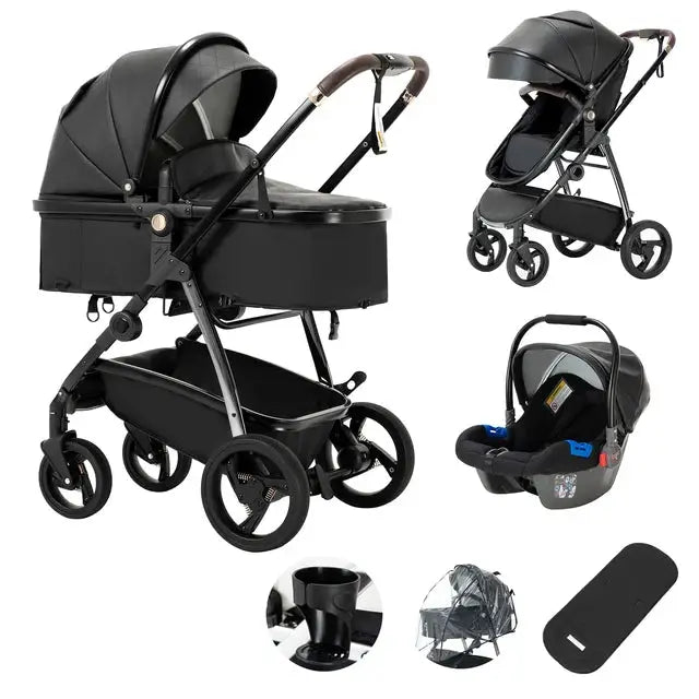 a baby stroller with a car seat and accessories