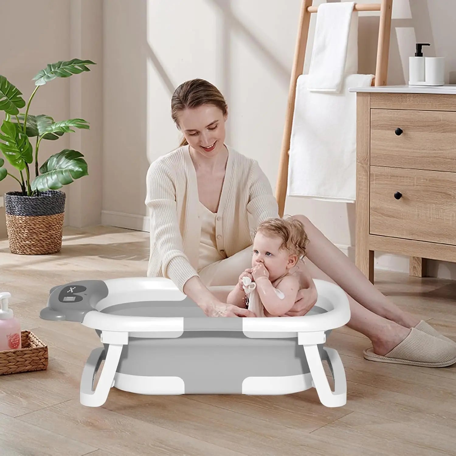 Foldable Baby Bath Tub with Cushion & Thermometer