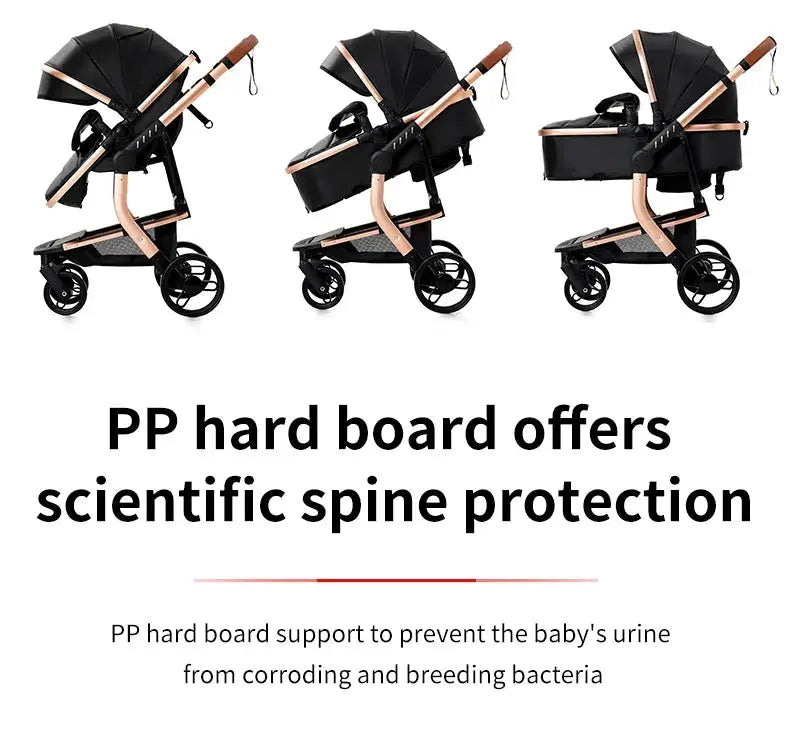 three baby strollers with the text pp hard board offers scientific spine protection