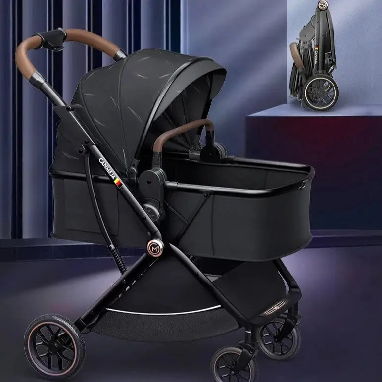 a black stroller with a brown handlebar