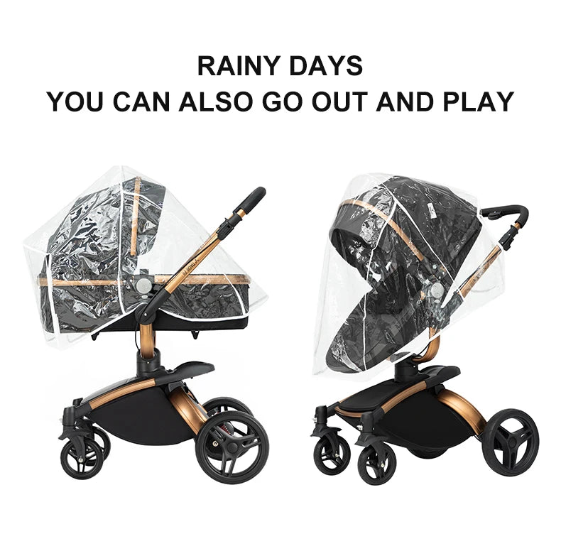 a baby stroller with a rain cover over it