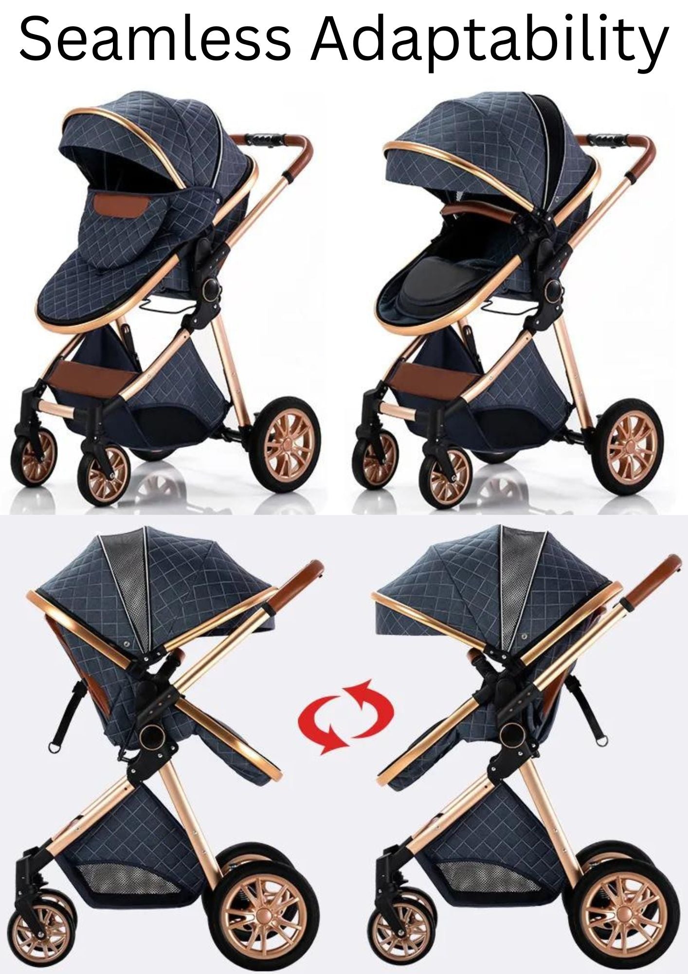 three different views of a baby stroller