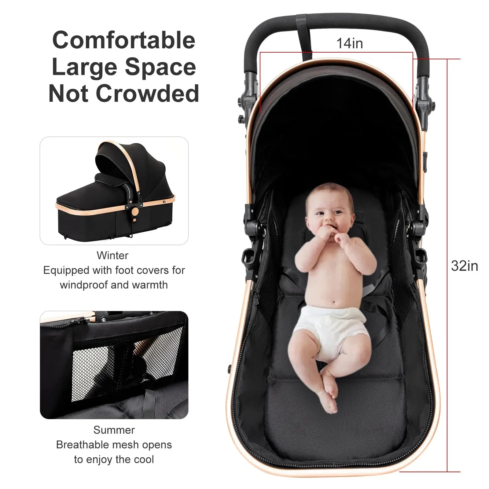 a baby sitting in a stroller with the measurements