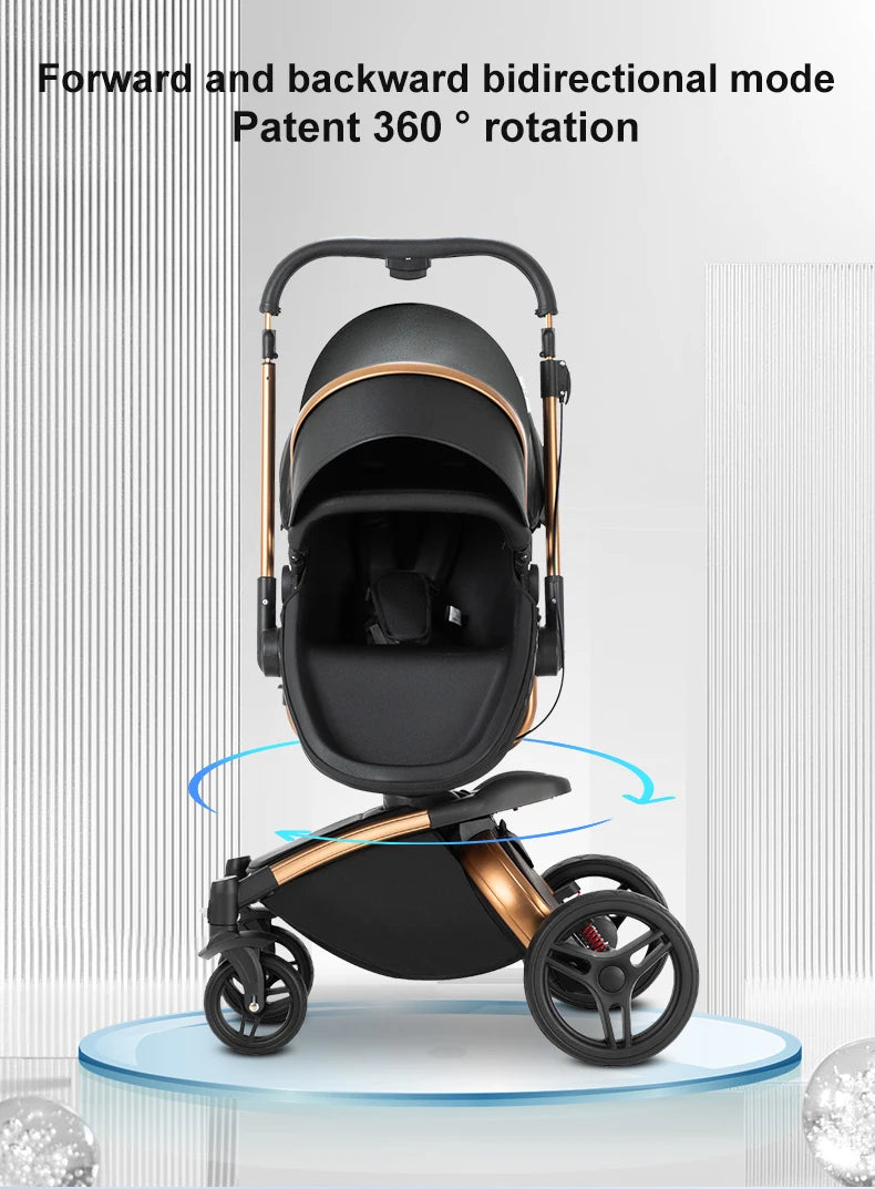 a black and gold stroller with wheels