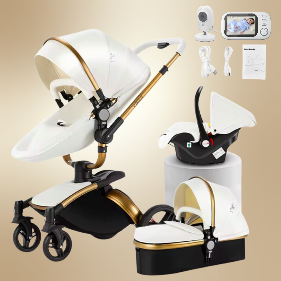 a white and gold baby stroller with accessories