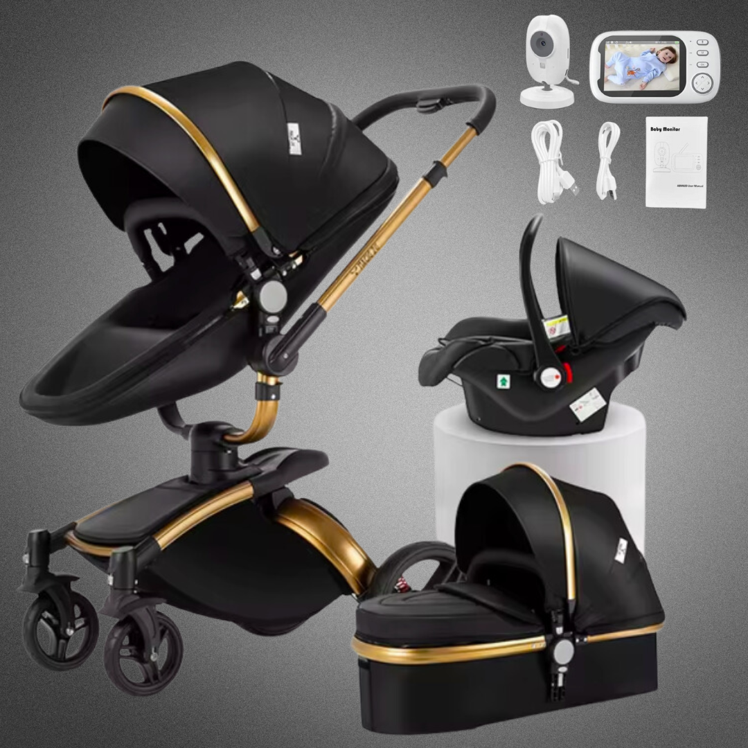 a black and gold baby stroller with accessories