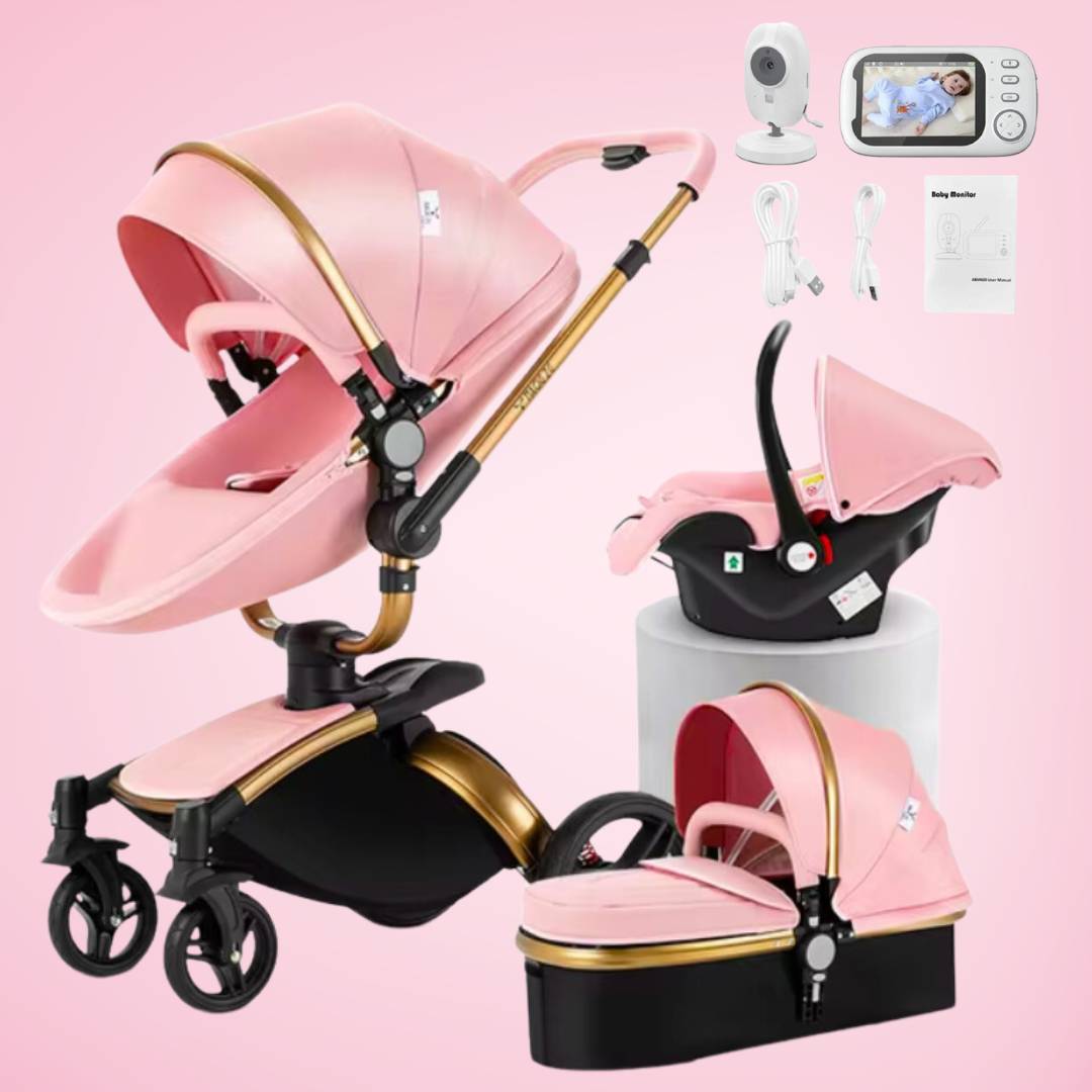 a baby stroller with a baby seat and accessories